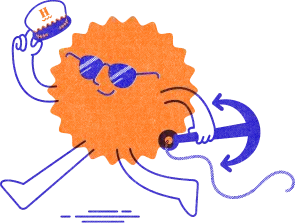 Illustration of a sun wearing sunglasses and a Houseboat Creative branded hat carrying an anchor